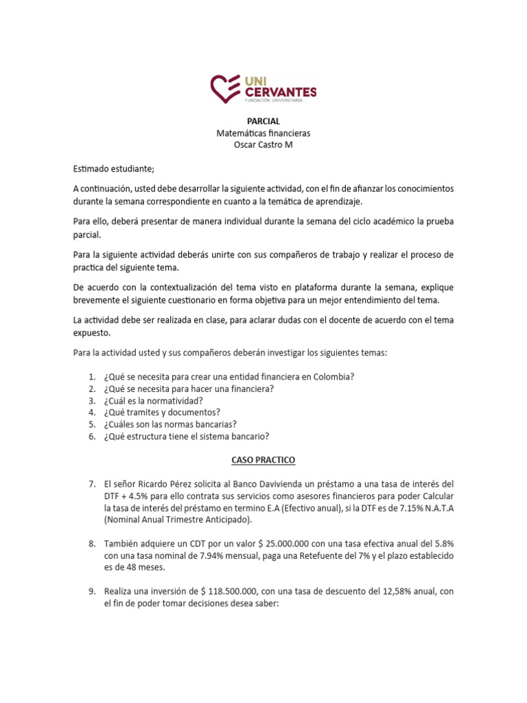 Actividad Parcial Matemáticas Financieras | PDF | Bancos | Tasas de interés