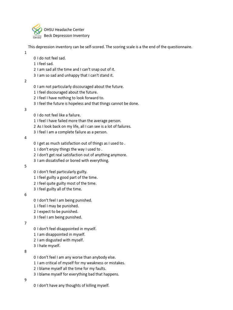 Beck Depression Inventory Scoring Guide | PDF