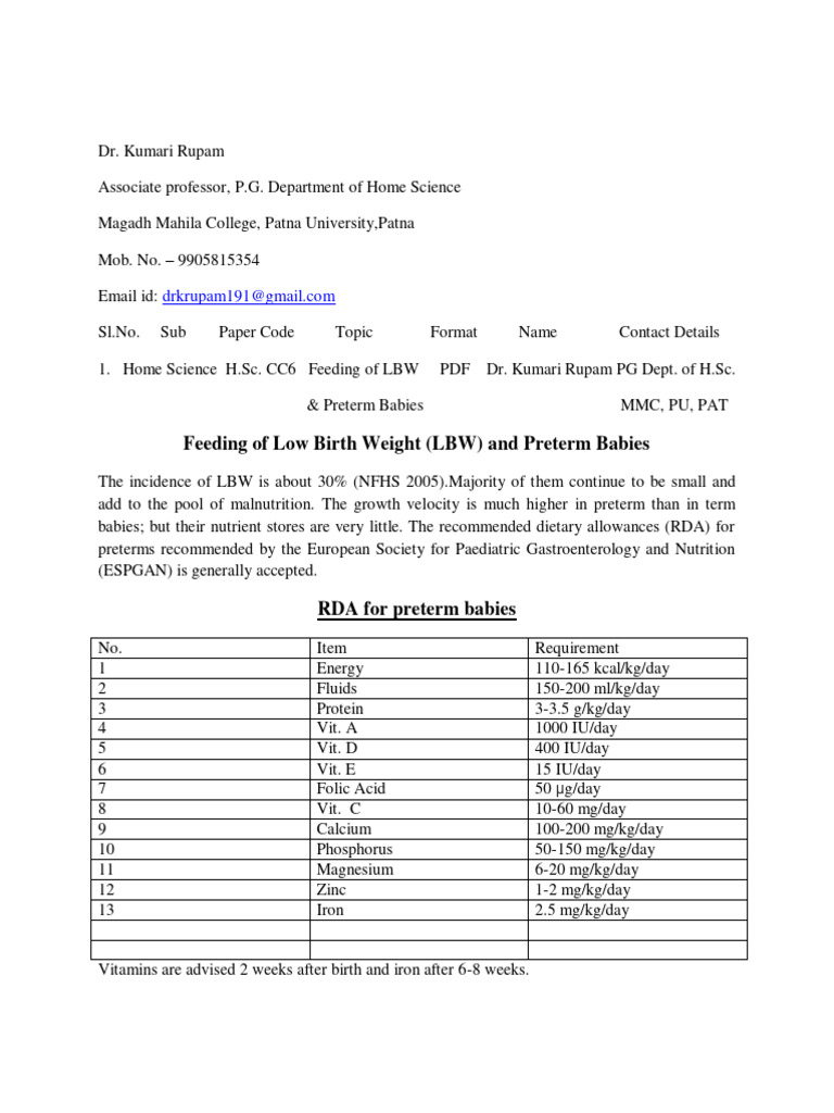 Feeding of Low Birth Weight and Preterm Babies PG MHOMCC 6 PDF