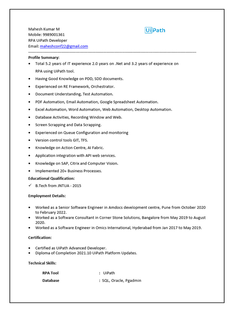 RPA UiPath Developer Profile Summary | PDF | Databases | Software