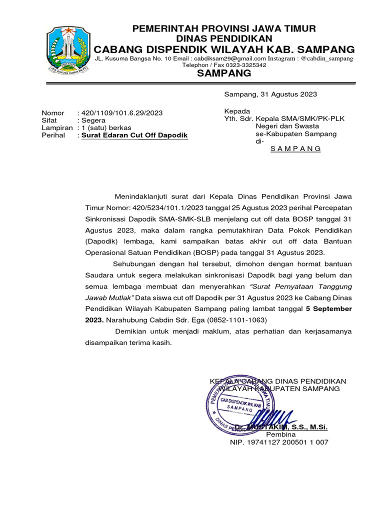 Surat Edaran Cut Off Dapodik Per 31 Agustus 2023 Pdf