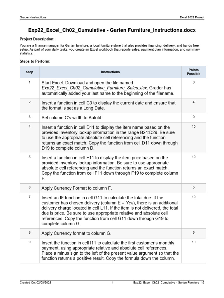 Exp22 Excel Ch02 Cumulative Garten Furniture Instructions