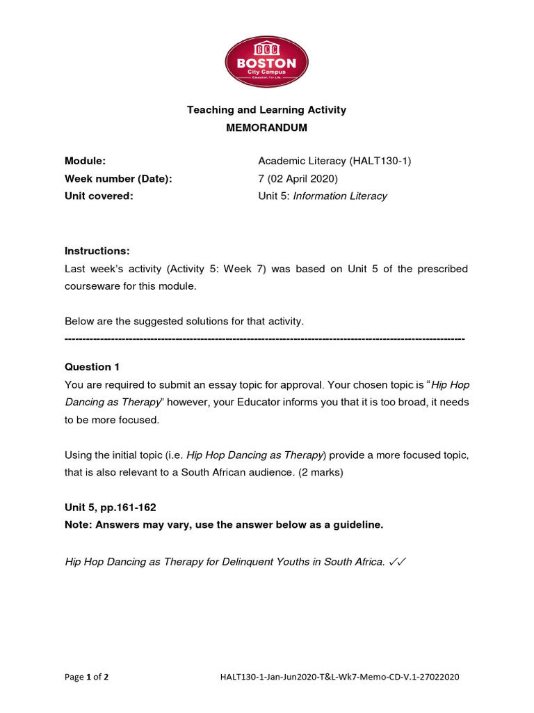 Halt130 1 Jan Jun2020 Tl Memo Week7 Cd V 1 27022020 Pdf