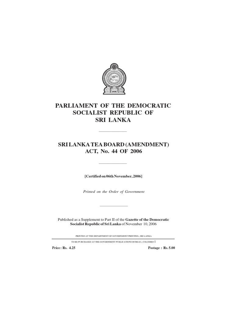 Sri Lanka Tea Board Act 44 of 2006 PDF Sri Lanka Legal Documents