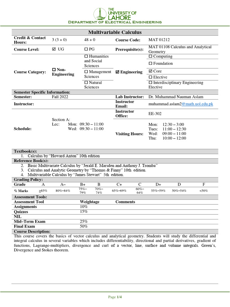 Multivariable Calculus Course Outline Pdf Observation Science