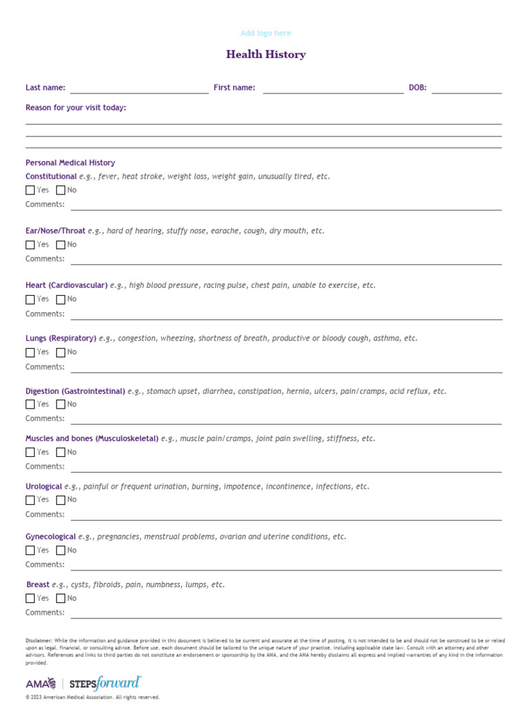 Steps Forward Patient Health History PDF