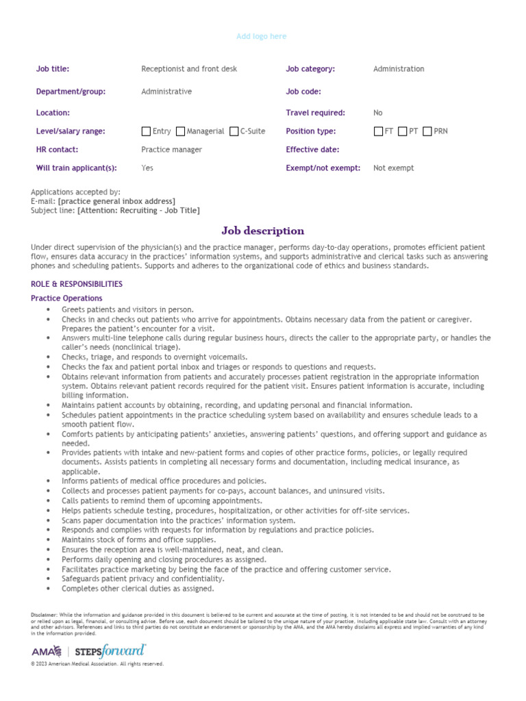Steps Forward Clerical Job Description PDF Business