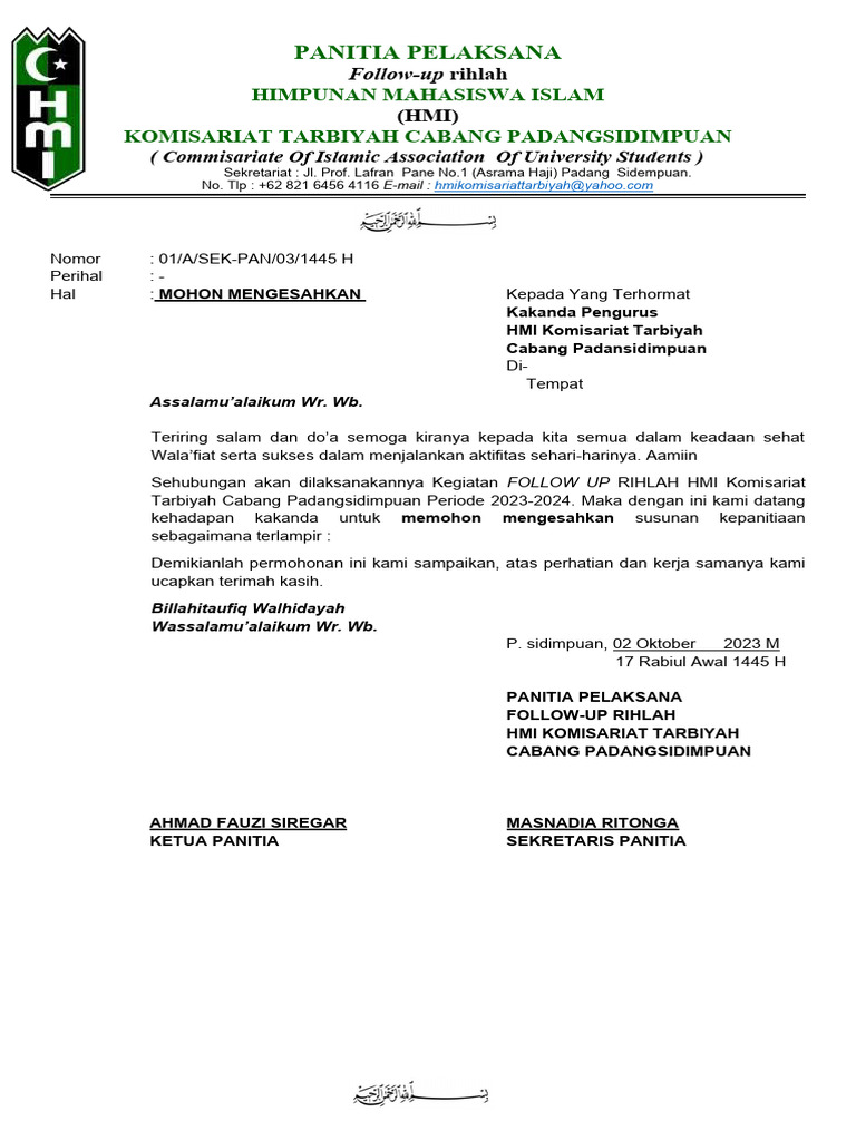 Susunan Panitia Follow-Up Rihlah HMI | PDF