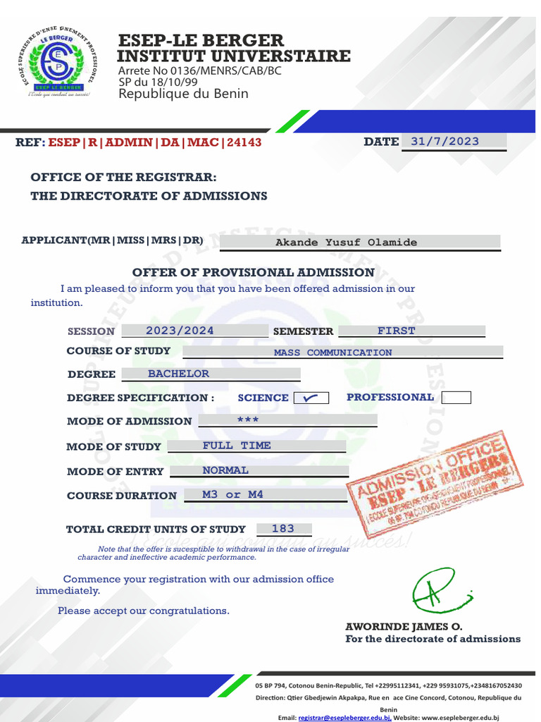 Admission Letter (Akande Yusuf Olamide.) PDF | PDF