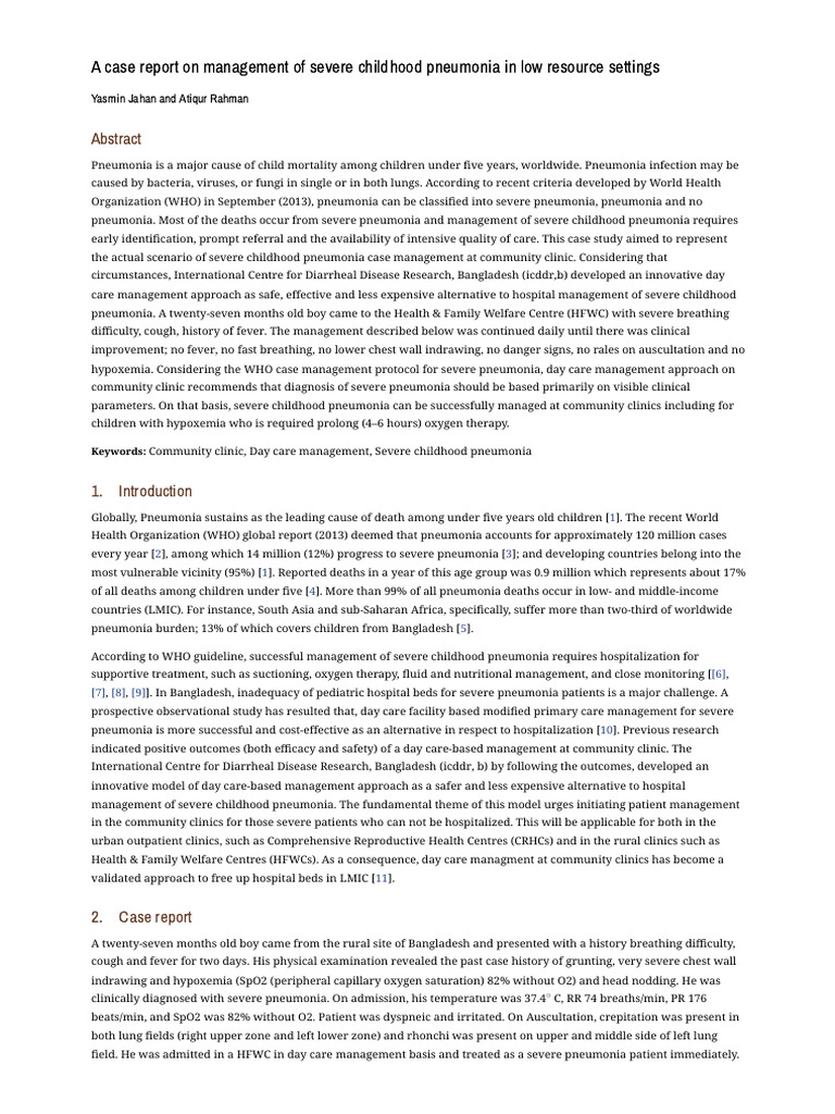 A Case Report On Management of Severe Childhood Pneumonia in Low