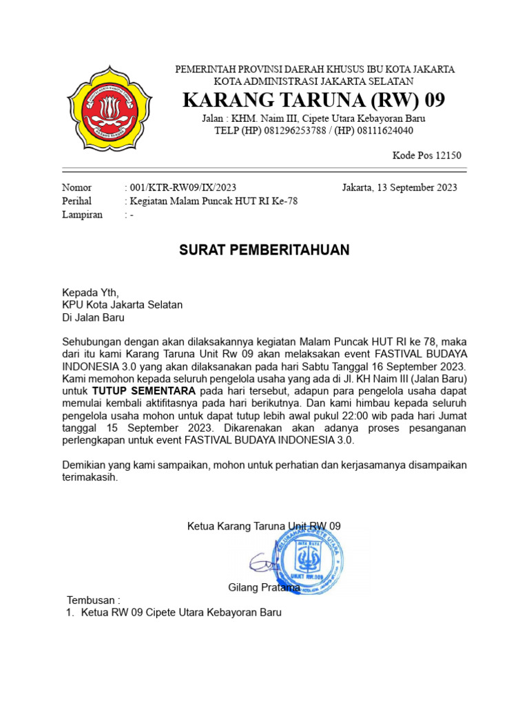 Surat Tutup Sementara | PDF