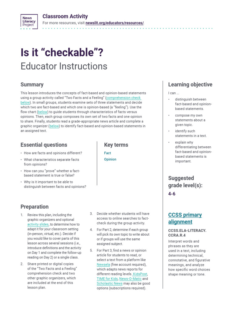 Facts V Opinion Is It Checkable | PDF