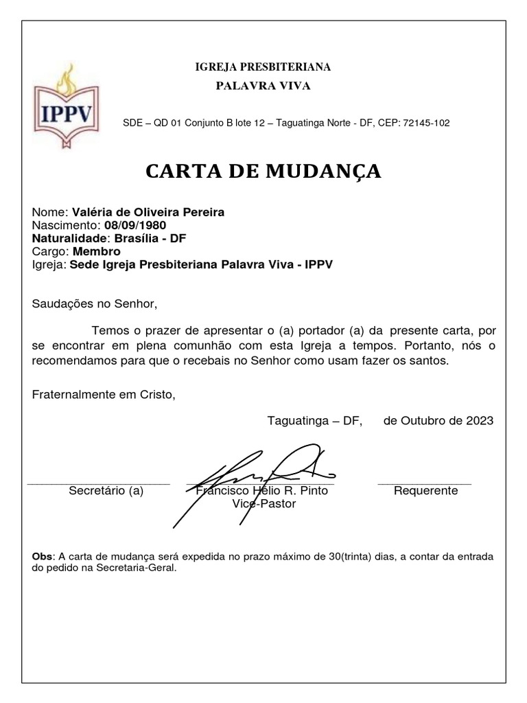 Carta De Mudança Valeria Ass Pdf