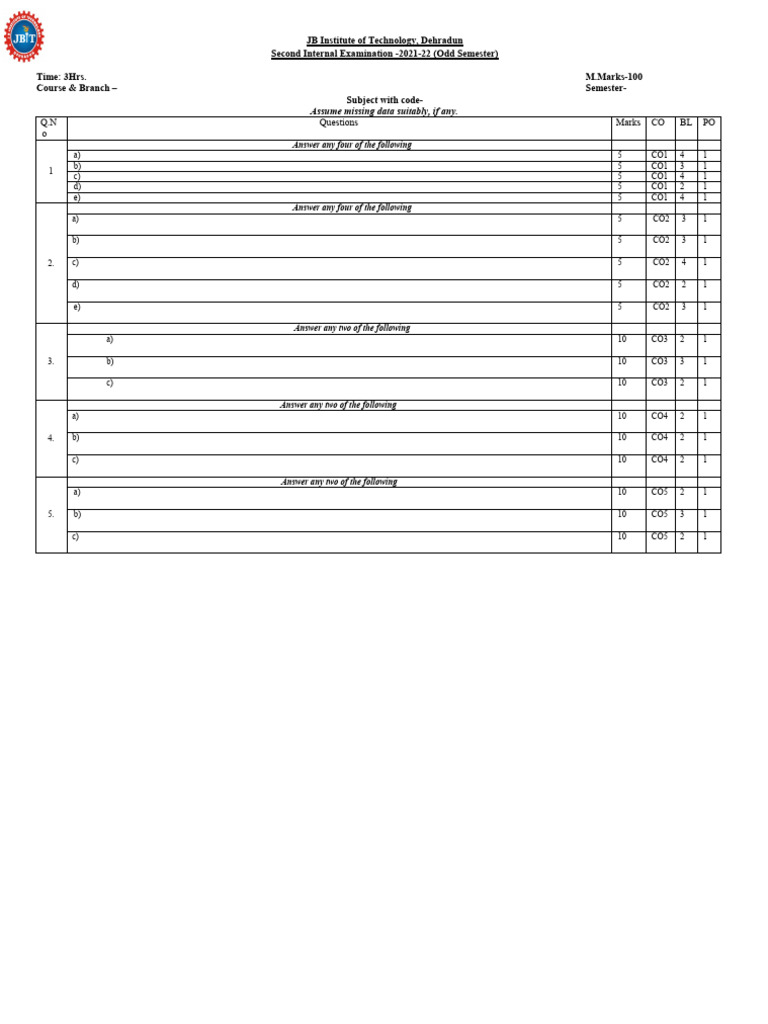 Format b tech sessional exam pdf