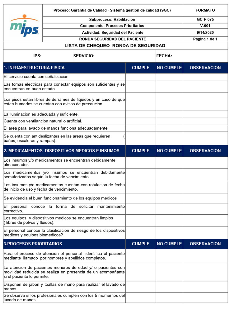 GC-F-075 V-001 Formato Ronda Seguridad Del Paciente | PDF | Lavado de ...