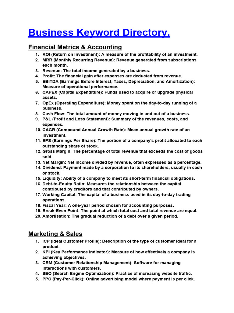 The Network Business Keyword Directory PDF Expense Investing