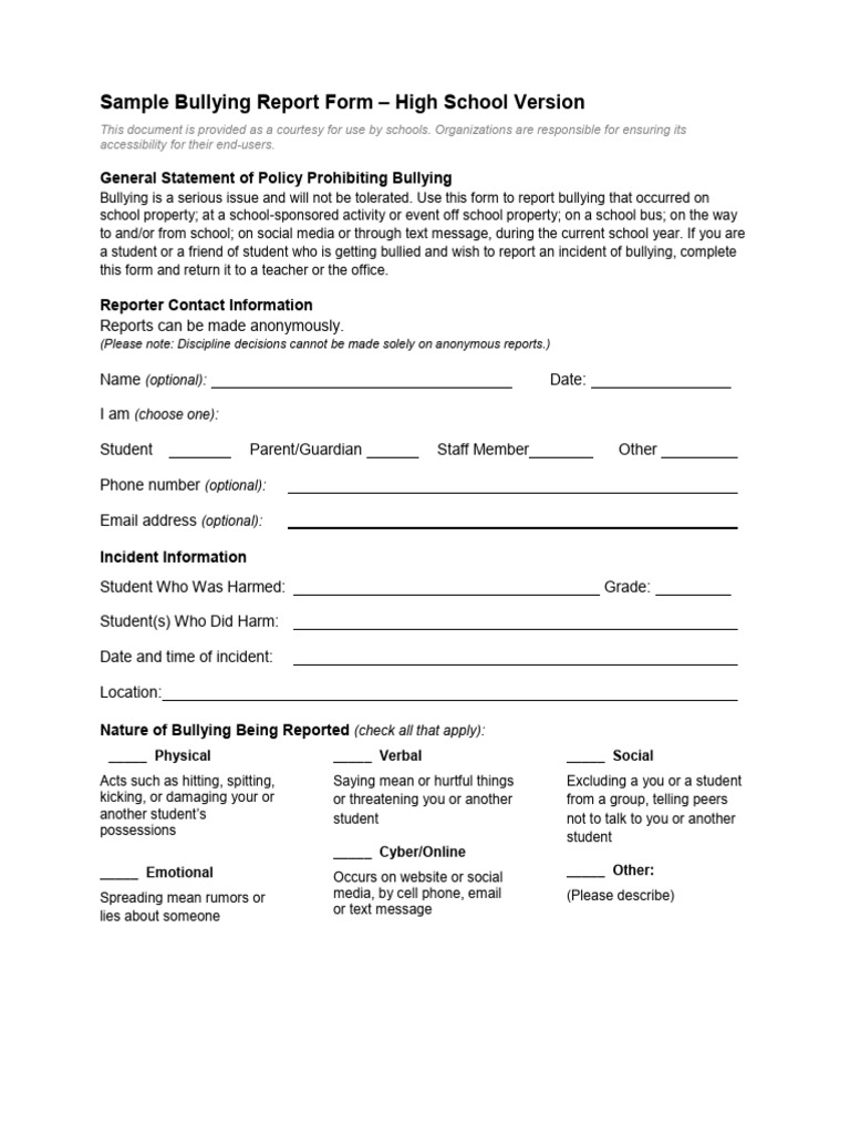 Sample Bullying Report Form High School Version PDF Bullying