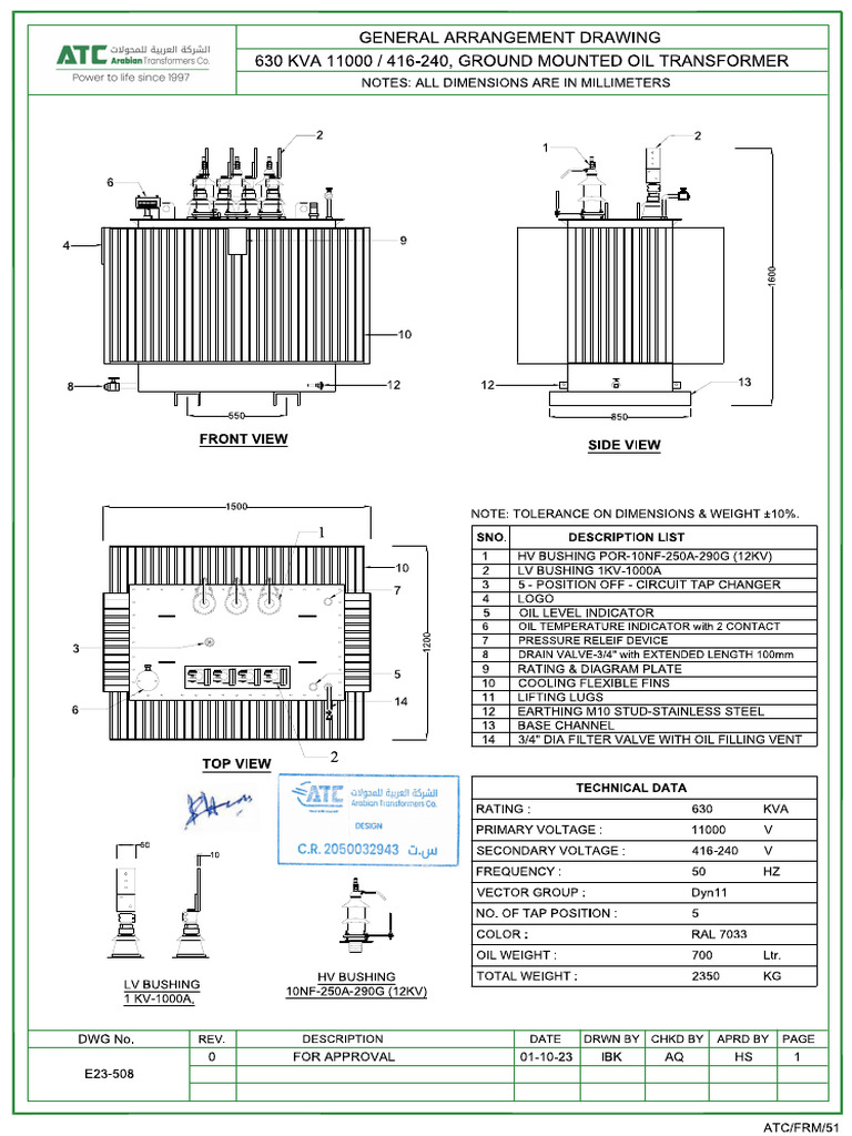 630 kVA Distribution Transformer Specs | PDF | Transformer | Materials ...