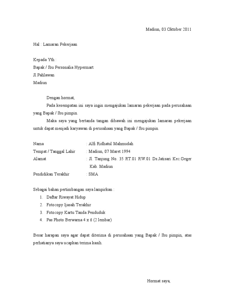 Contoh Surat Lamaran Kerja Hypermart