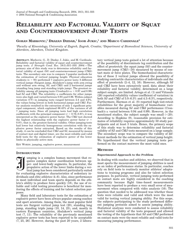 Reliability and Factorial Validity of Squat and Counter Movement Jump ...