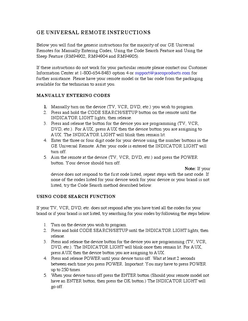 GE Universal Remotes Instructions PDF