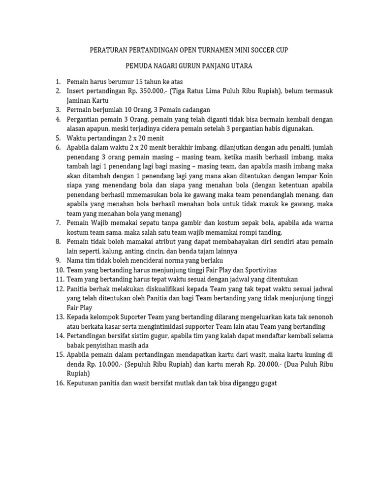 Peraturan Pertandingan Open Turnamen Mini Soccer Cup PDF