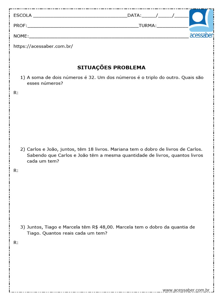 Atividade de Matematica Situacoes Problema 5 Ano e 6 Ano | PDF