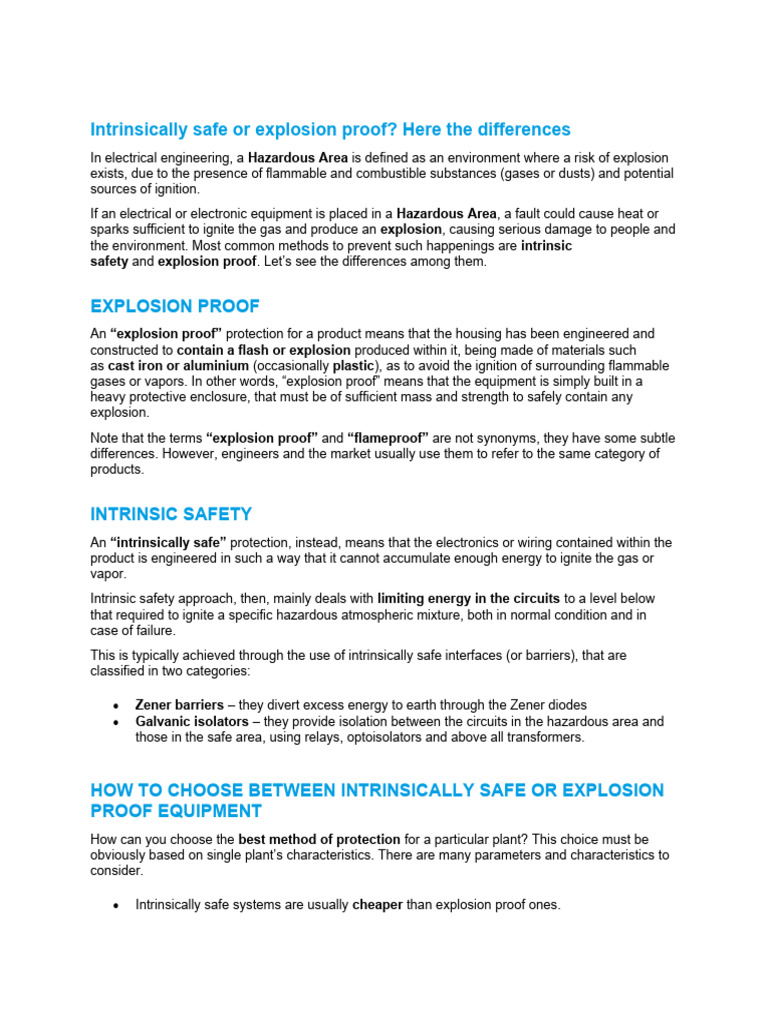 Intrinsic Safety vs Explosion Proof | PDF