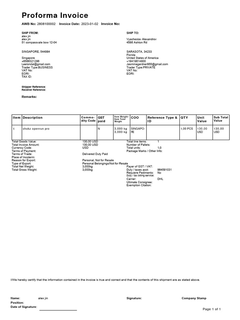 Proforma Invoice for Shokz OpenRun Pro | PDF