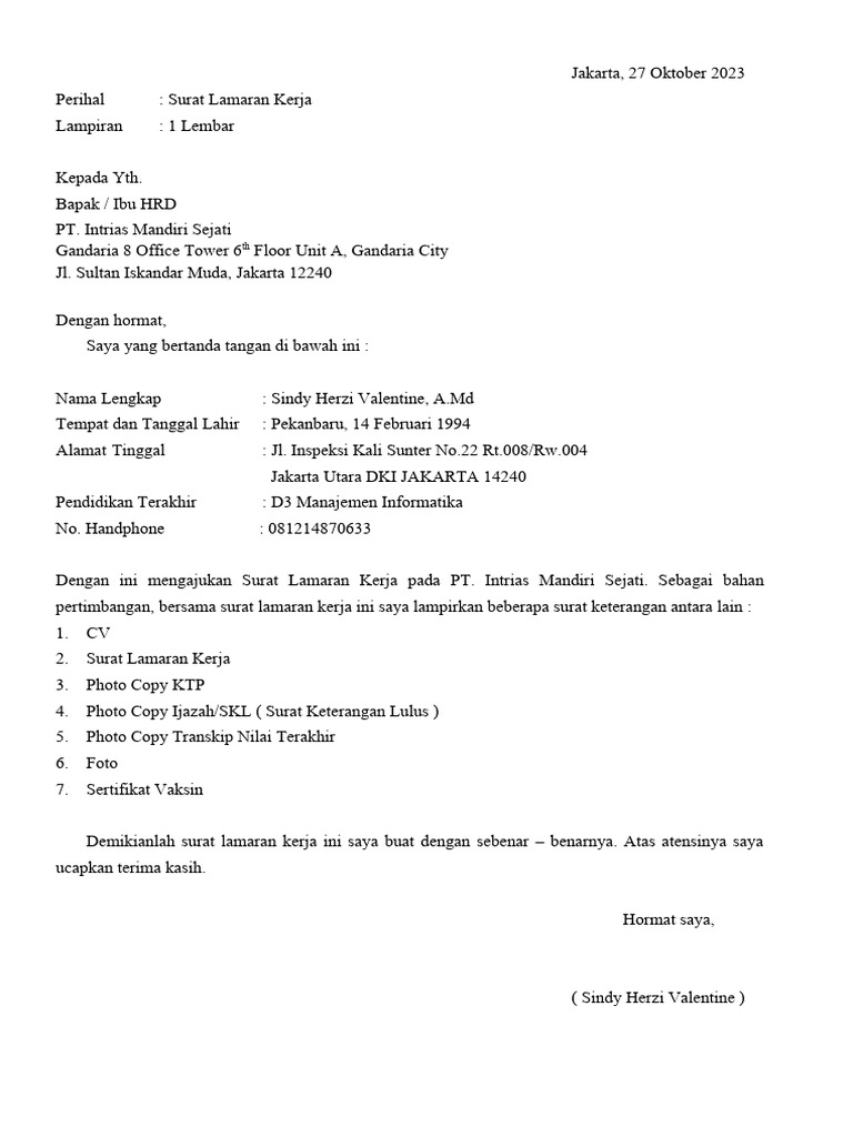 Surat Lamaran Kerja - UOB | PDF