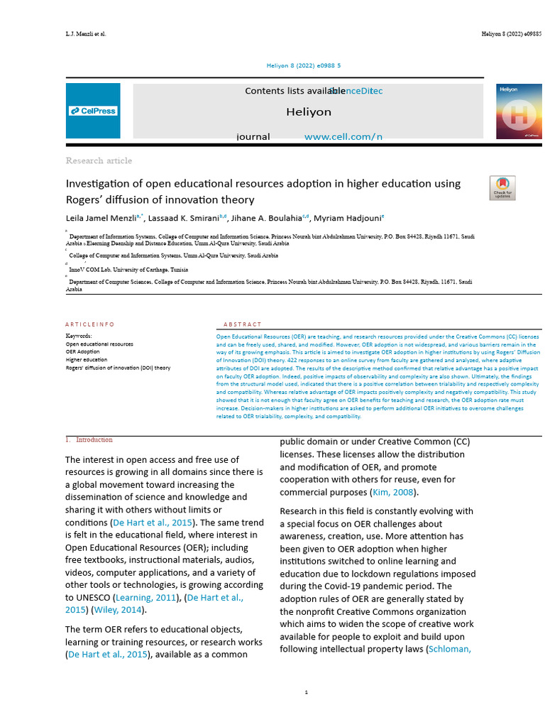Investigation Of Open Educational Resources Adoption In Higher