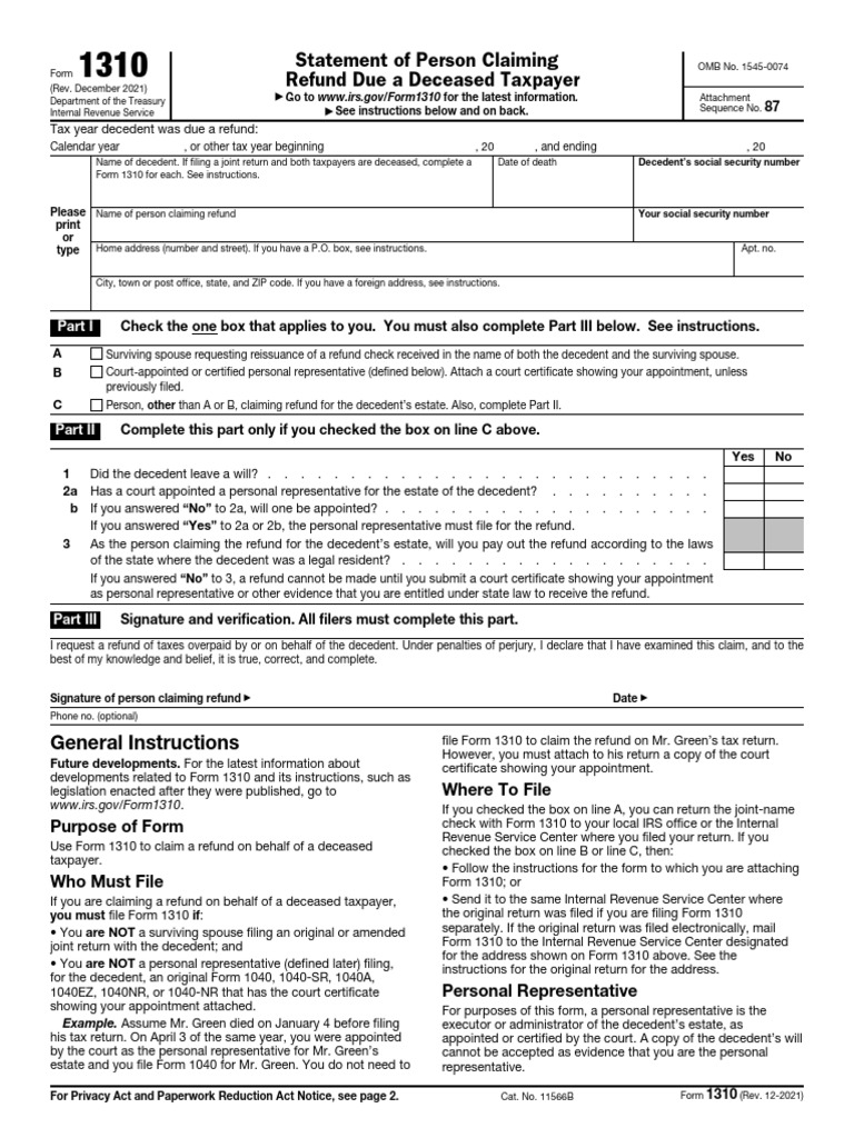 Statement of person claiming refund due a deceased taxpayer general