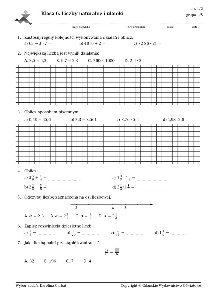Sprawdzian Z Matematyki Klasa 6 Liczby Naturalne I Ułamki 6. Liczby Naturalne i Ułamki | PDF