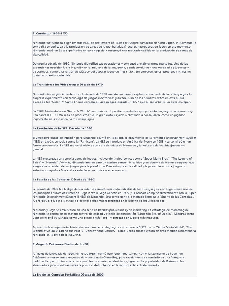 Breve Historia de Nintendo | PDF | Nintendo | Juegos de consolas