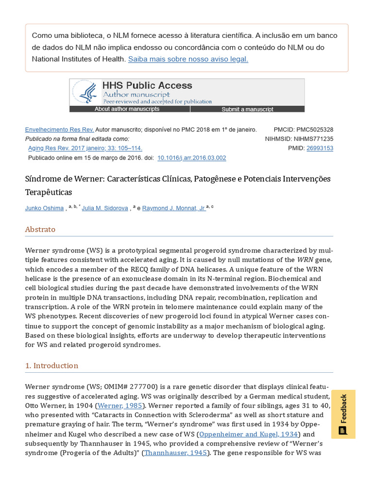Síndrome de Werner - Características Clínicas, Patogênese e Potenciais ...