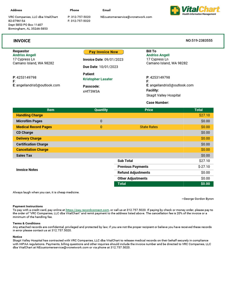 Invoice Andriss Angell Andriss Angell PDF Medical Record Fee
