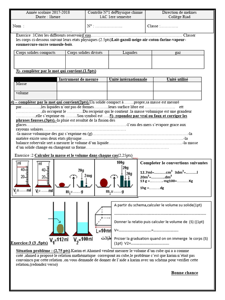 Devoir 1 Modele 5 Physique Chimie 1ac Semestre 1 | PDF