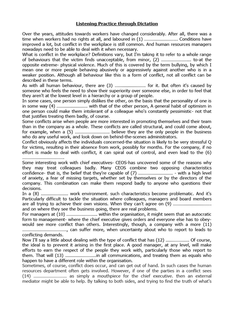 Listening Practice Through Dictation | PDF | Bullying | Psychological ...