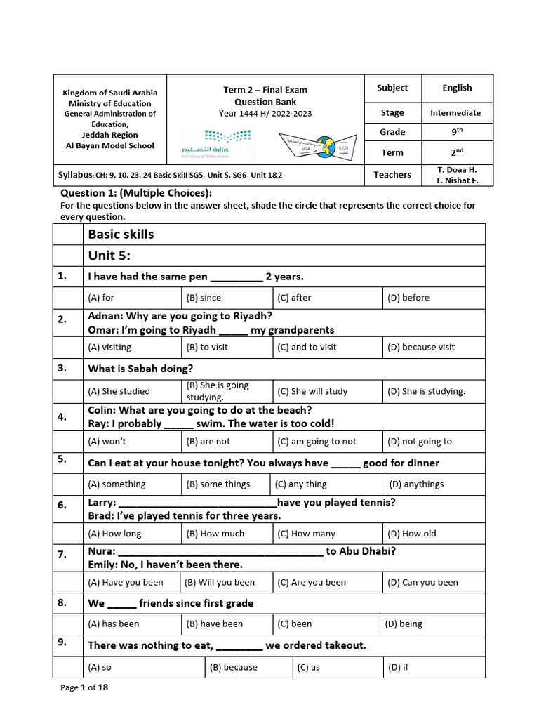 9th Grade Term 2 Exam Question Bank | PDF | Muhammad Ali