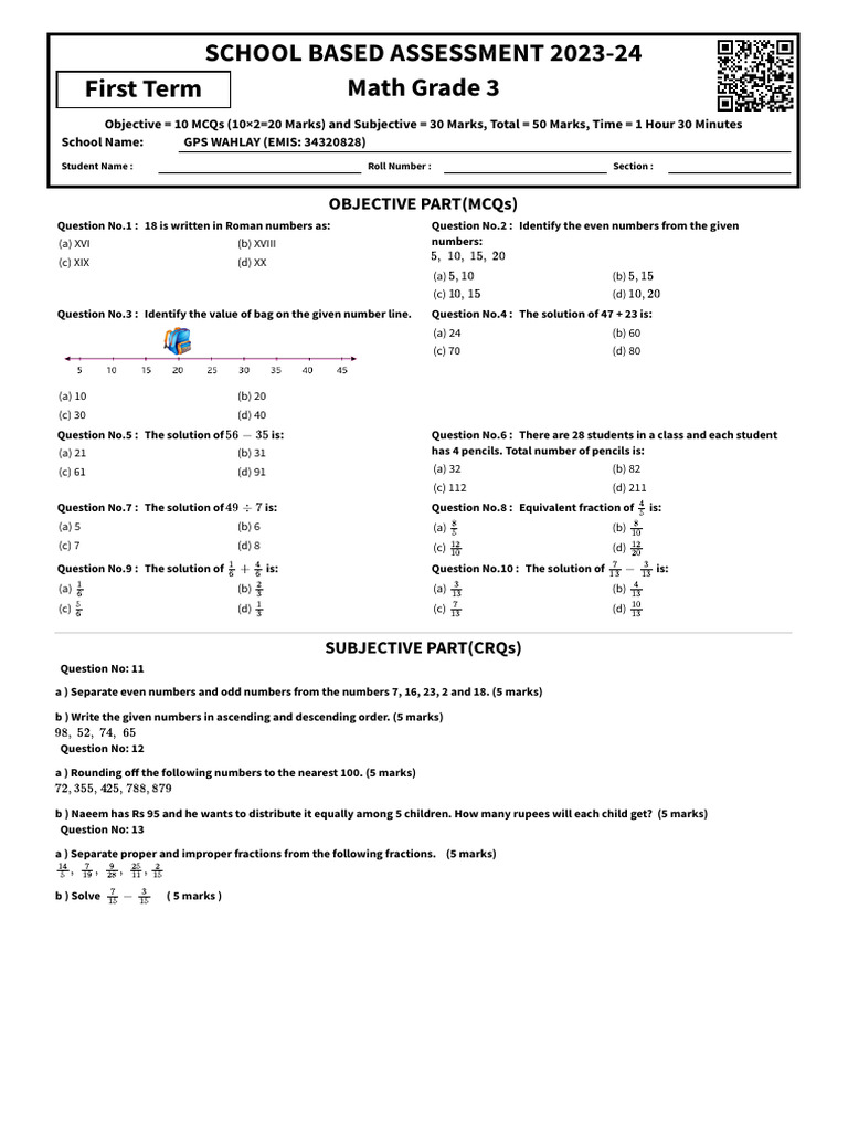Grade 3 Math Assessment 2023-24 | PDF | Mathematics | Arithmetic