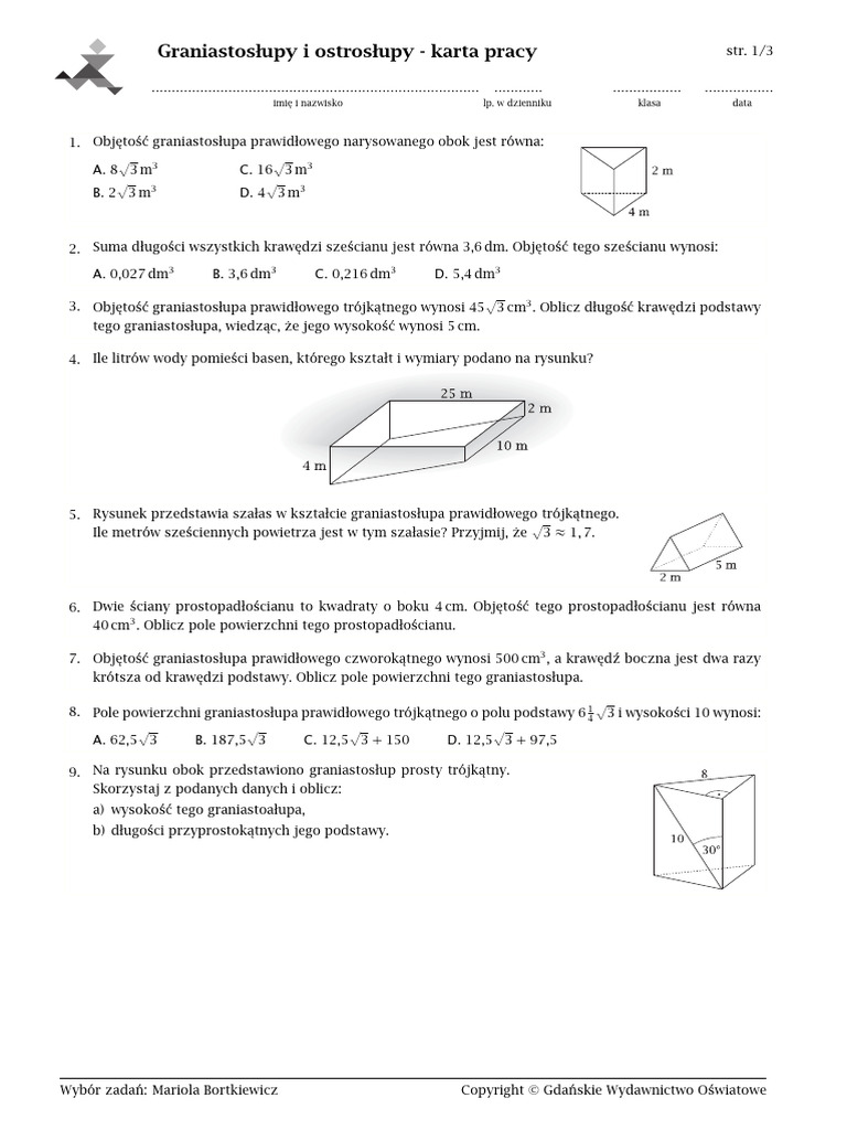 Sprawdzian Matematyka Klasa 8 Graniastosłupy I Ostrosłupy Graniastosłupy i ostrosłupy - klasa 8 - zadania | PDF