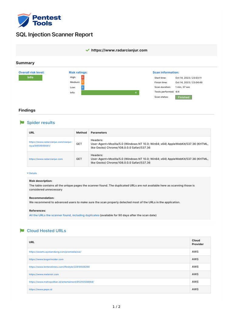 PentestTools SqlInjection Report | PDF