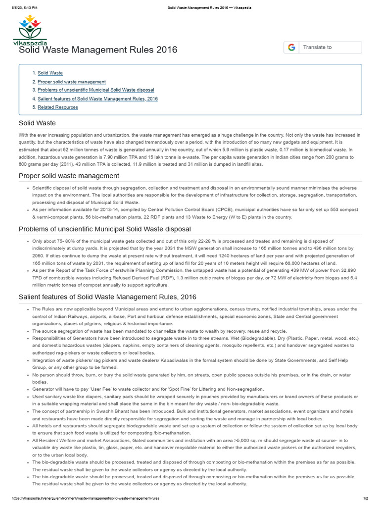 Solid Waste Management Rules 2016 Vikaspedia PDF Waste Management