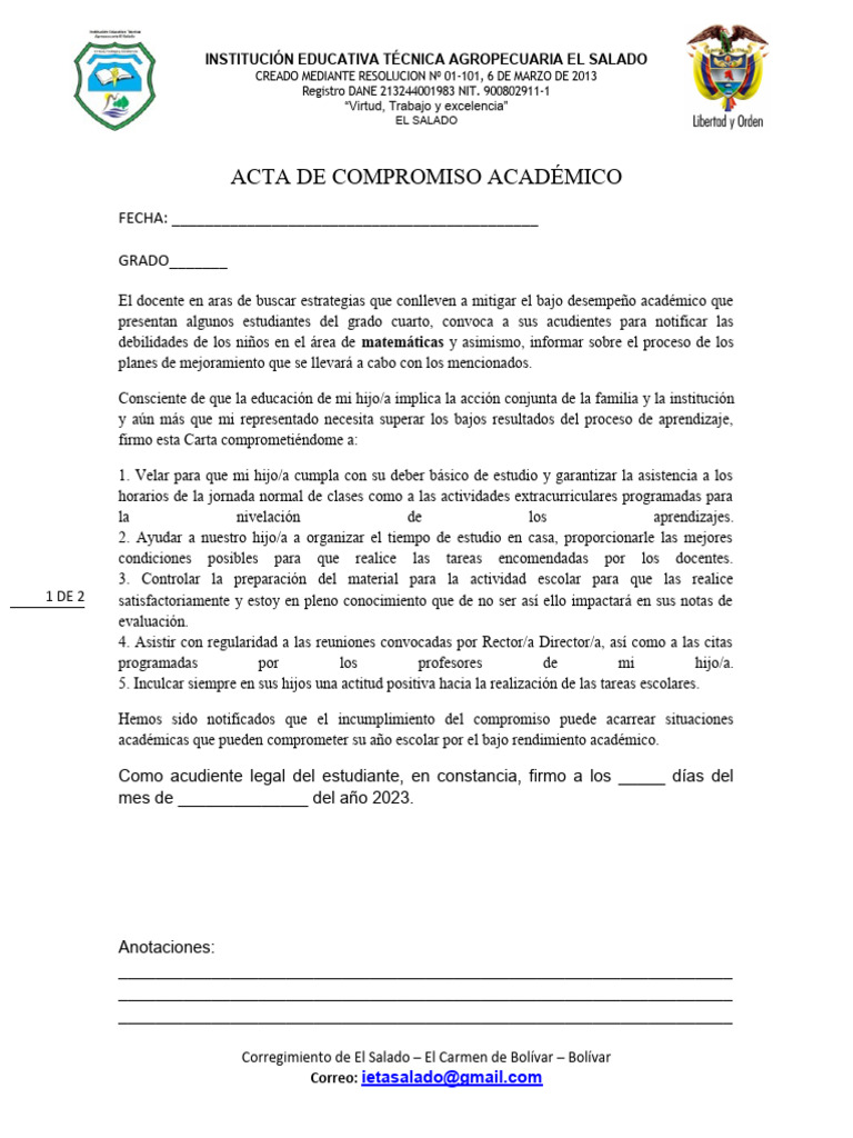 Acta de Compromiso Academico | PDF | Cognición | Aprendizaje