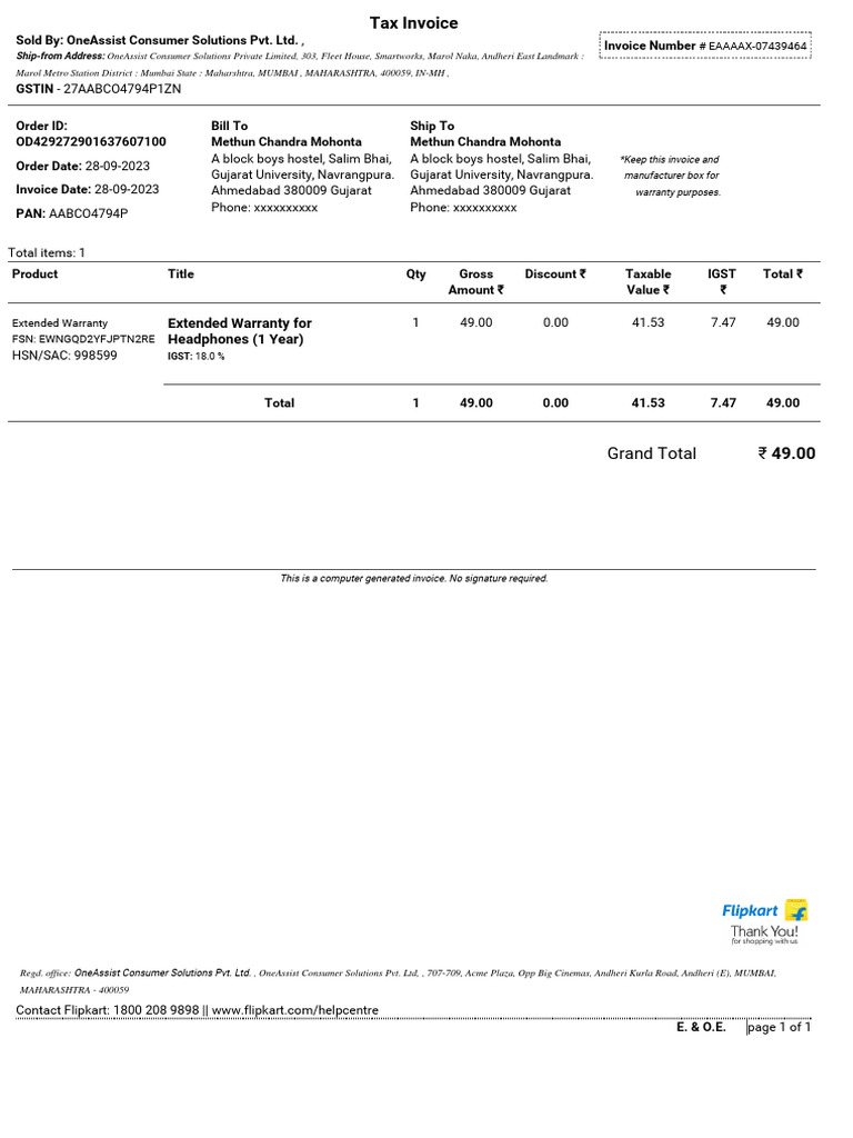 Oneassist Invoice | PDF