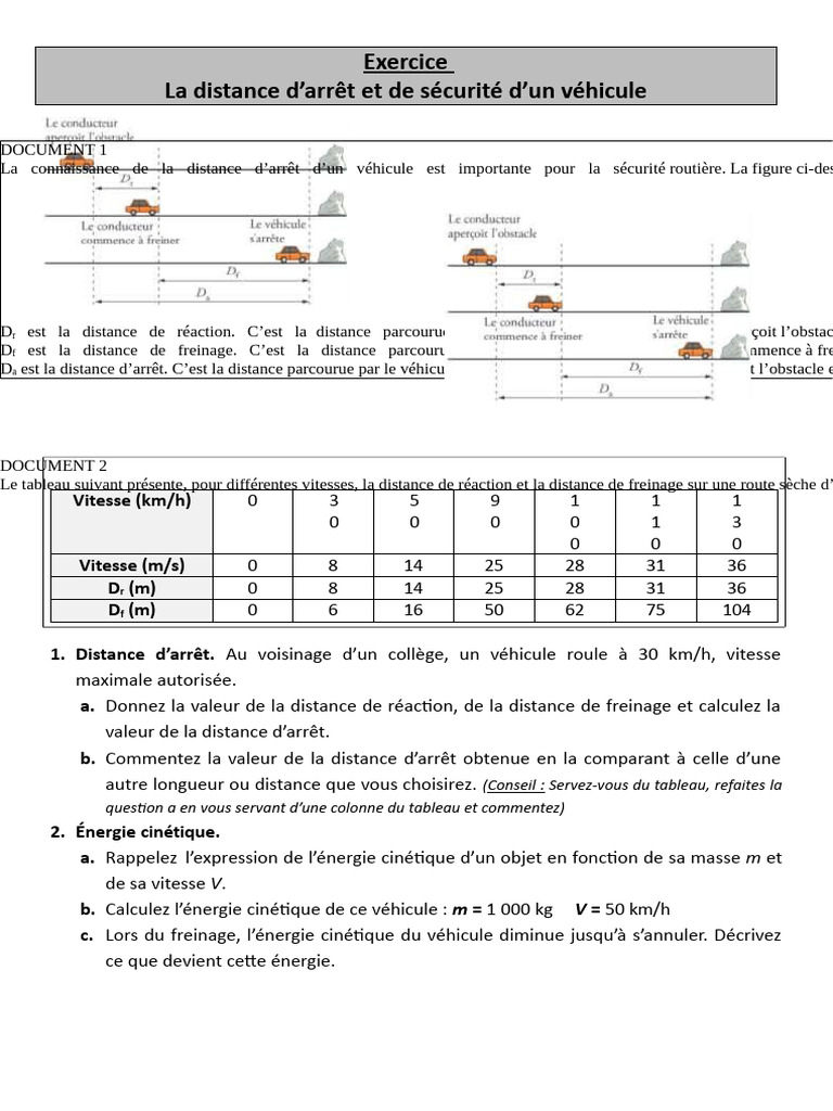 Calcul de la distance d'arrêt véhicule | PDF | Technologie des ...