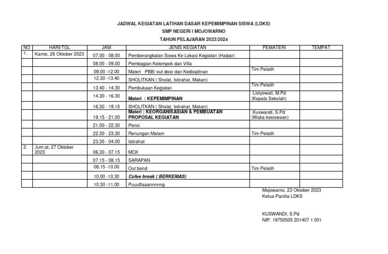 Jadwal LDKS SMP Negeri I Mojowarno 2023 | PDF