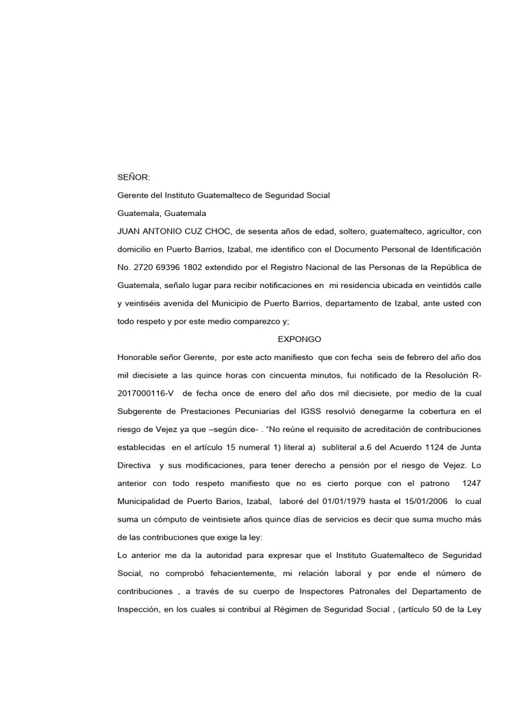 Apelacion al igss por negativa de pesion de vejez juan antonio cuz choc