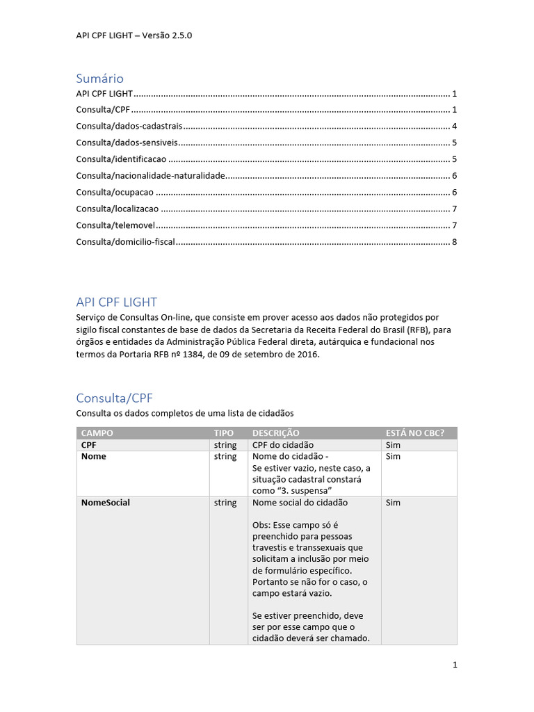 API CPF Light: Consulta e Dados Gerais | PDF | Brasil