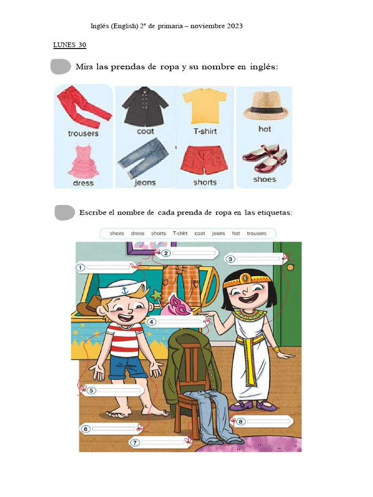 Prendas de Ropa en Inglés para 2º Primaria | PDF | Artes del Lenguaje y ...